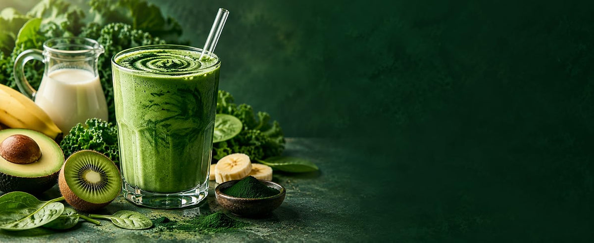 Smoothie verde con chlorella en polvo y fruta