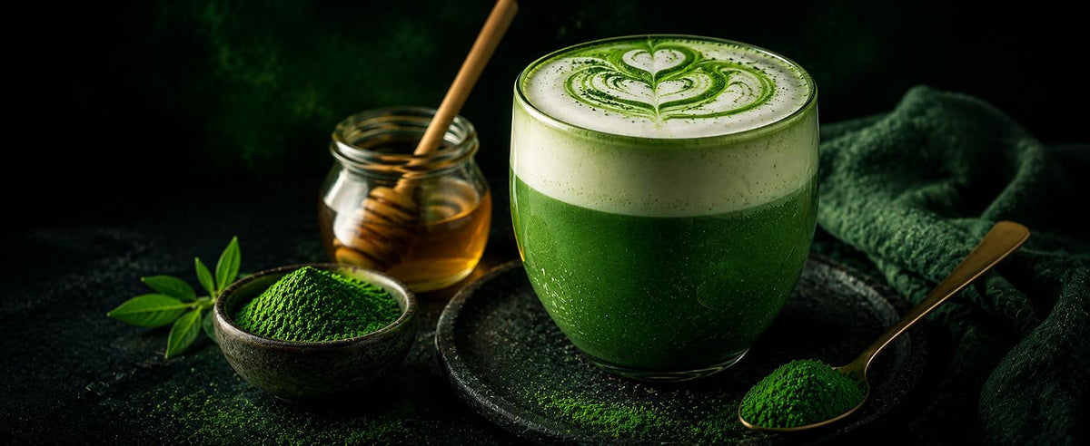 Spirulina latte verde con espuma de leche de avena y miel en vaso de cristal