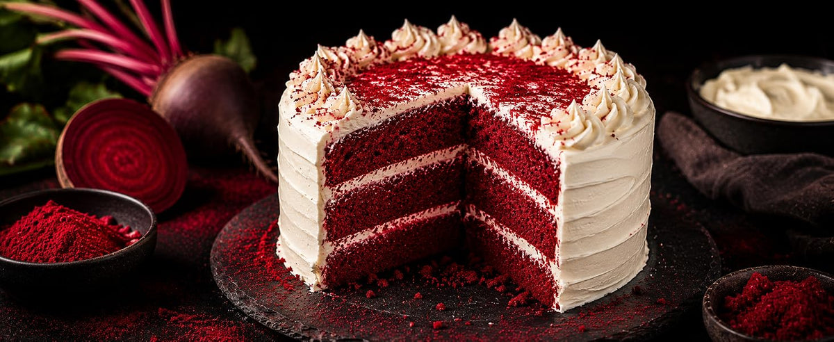 Tarta red velvet con rojo natural de remolacha en polvo, sin colorantes artificiales