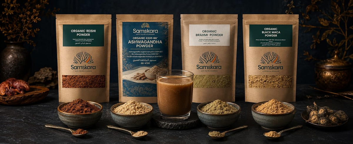 Bolsas kraft de reishi, ashwagandha, brahmi y maca negra, colección de polvos clásicos Samskara