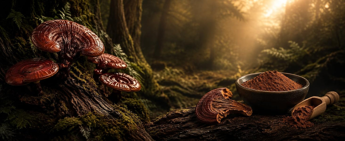 Hongos reishi de color cobre sobre un tronco y un cuenco de reishi en polvo, solo cuerpo fructífero