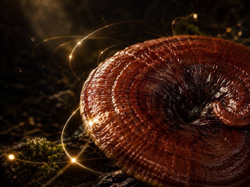 Primer plano de un hongo reishi Ganoderma lucidum de color rojo cobrizo
