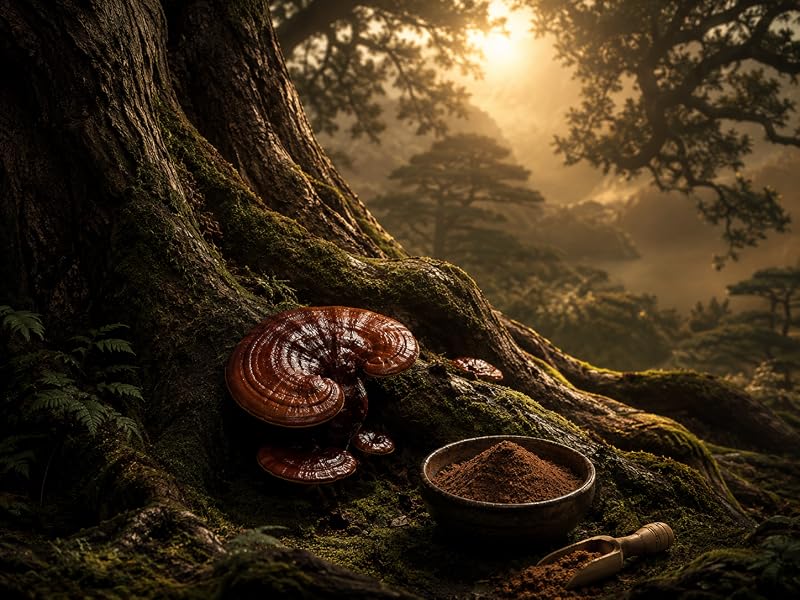 Hongo reishi creciendo sobre el tronco de un árbol en un bosque con un cuenco de polvo
