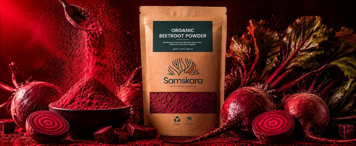 Remolacha en polvo ecológica BIO Samskara con nitratos naturales y color rojo intenso