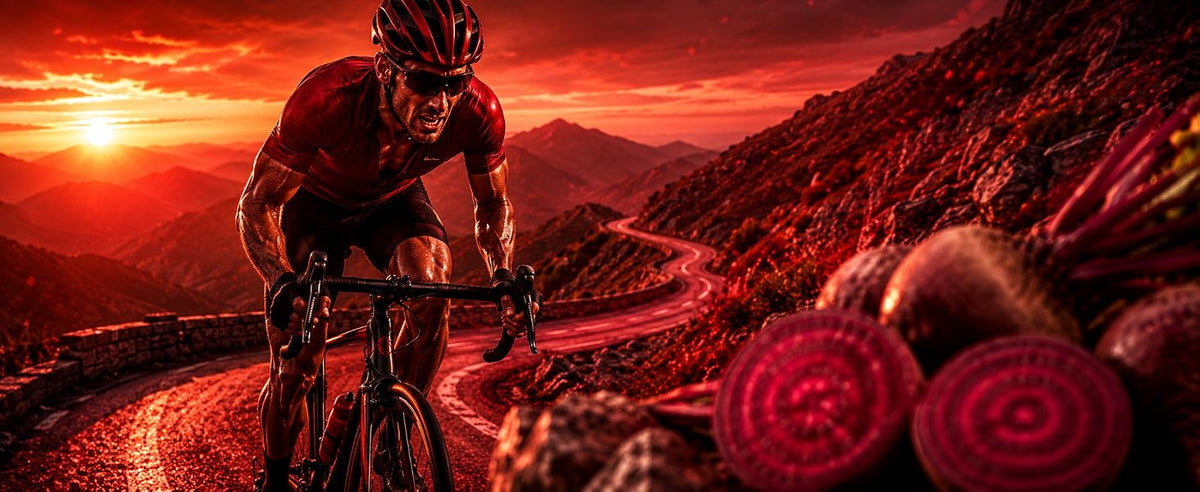 Ciclista al atardecer con remolacha en polvo en su bidón