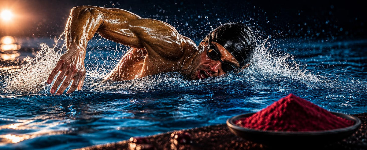 Nadador de triatlón con remolacha en polvo en su bebida de entrenamiento