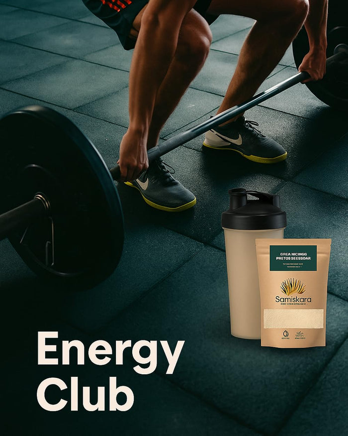 Energy Club Samskara: deportista en el gimnasio con batido y bolsa de proteína vegetal ecológica