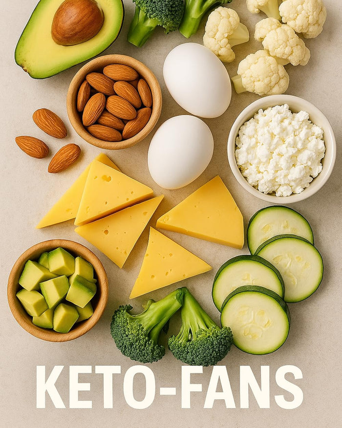 Keto-fans: aguacate, huevos, frutos secos, queso y verduras sobre fondo claro