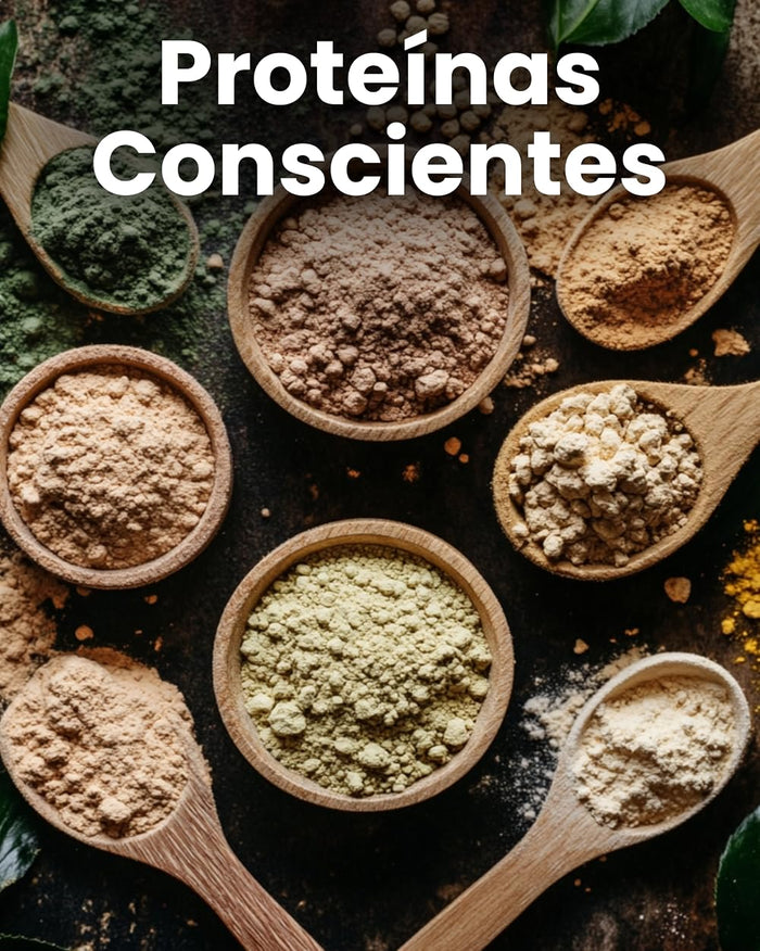 Proteínas conscientes Samskara: cuencos y cucharas con proteínas vegetales ecológicas en polvo