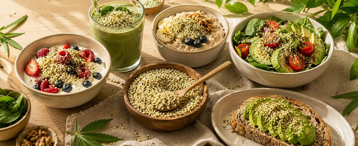 Cuatro formas de tomar semillas de cáñamo peladas: yogur, avena, ensalada, tostada de aguacate y smoothie verde