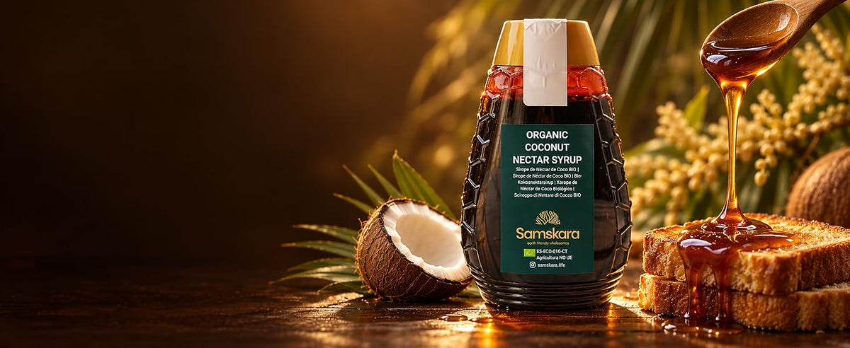 Sirope de néctar de coco ecológico Samskara, endulzante natural de sabor caramelo suave
