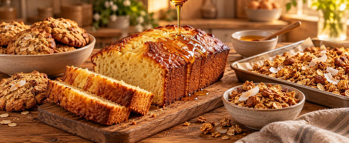 Galletas y bizcochos dorados hechos con sirope de néctar de coco en lugar de miel o arce