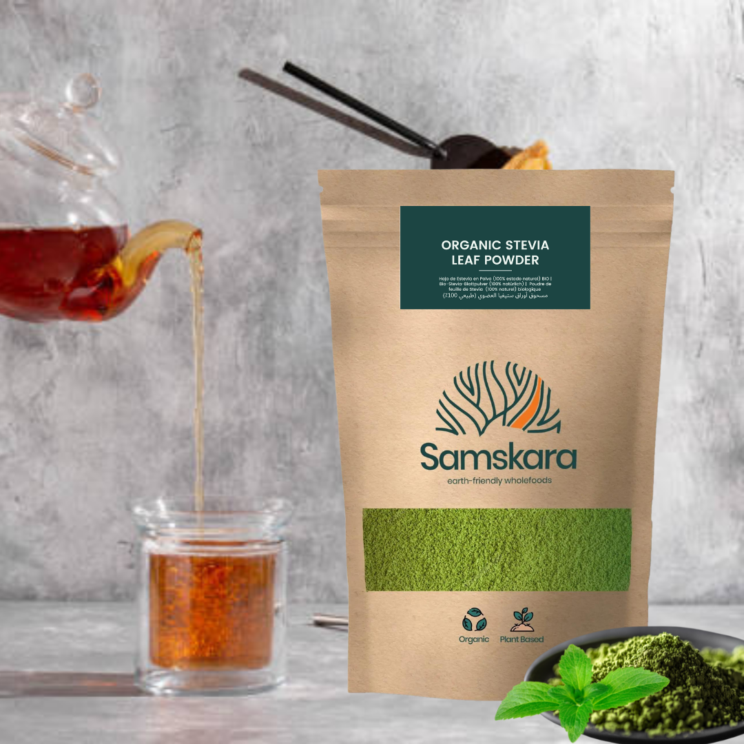 Hojas de Estevia Molidas BIO | Endulza Infusiones con un Toque de Regaliz | Hoja Entera Cruda Molida | Samskara