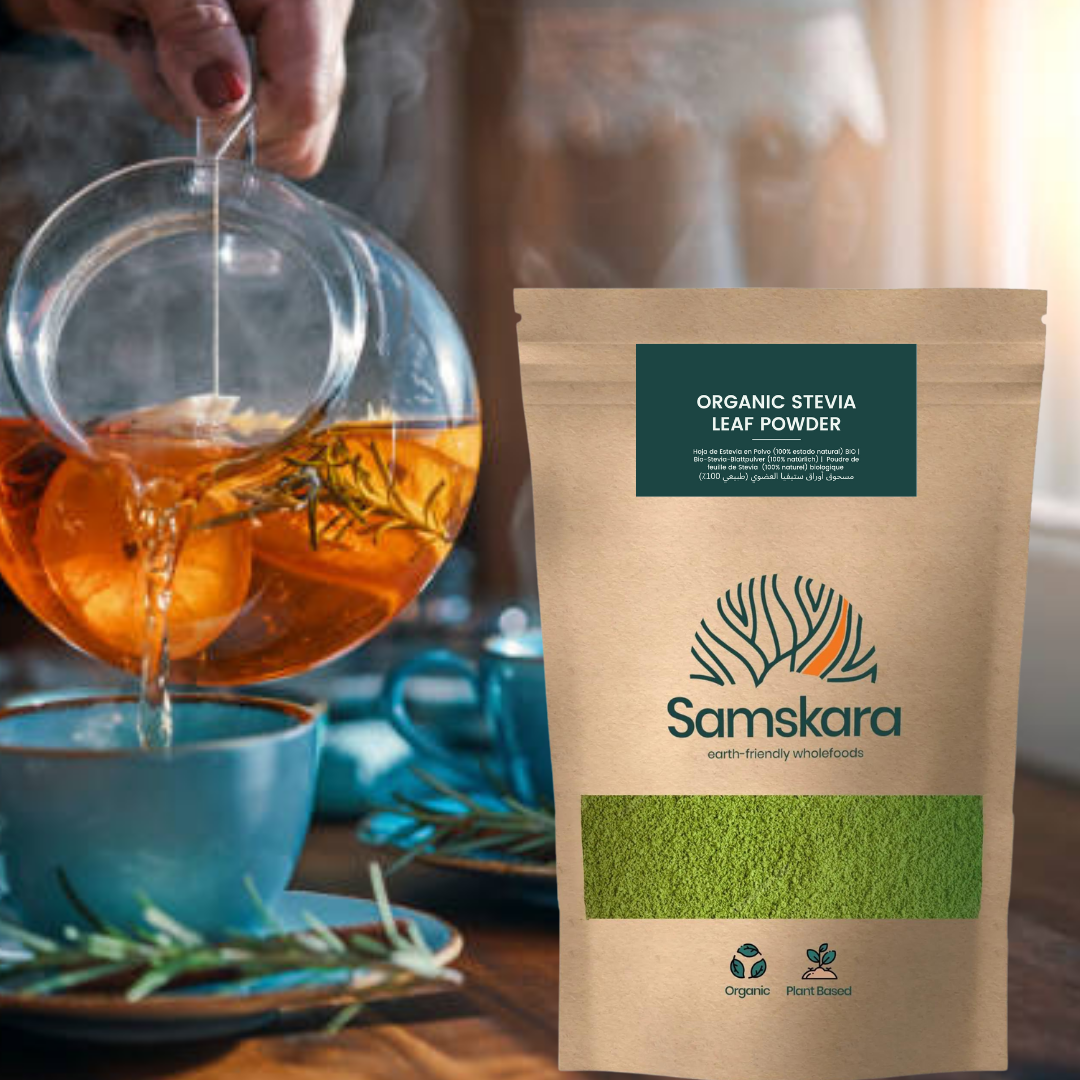 Hojas de Estevia Molidas BIO | Endulza Infusiones con un Toque de Regaliz | Hoja Entera Cruda Molida | Samskara