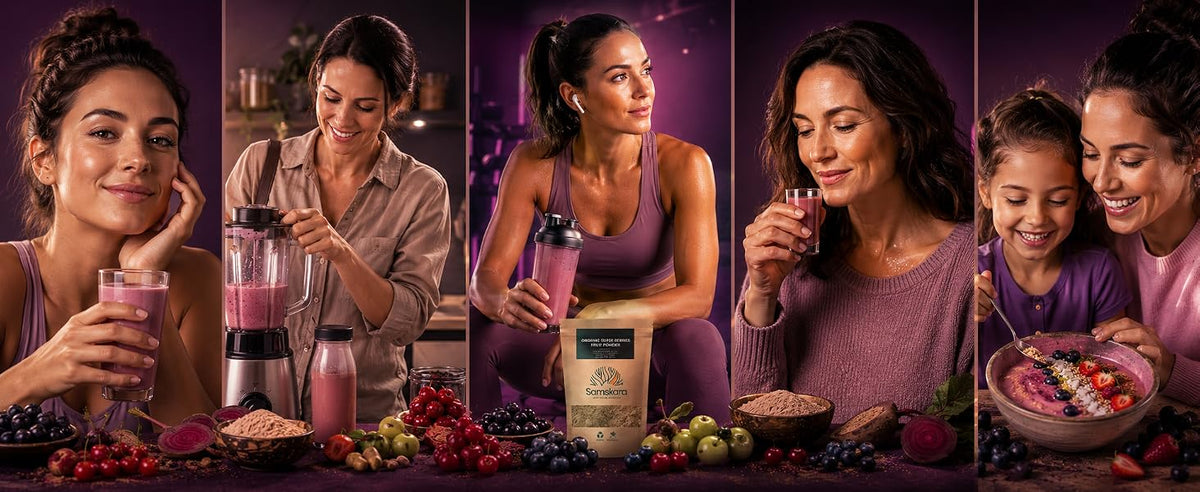 Personas y familia disfrutando de batidos y smoothie bowl rosa hechos con super mezcla de bayas Samskara