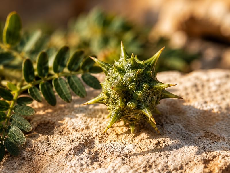 Fruto espinoso en forma de estrella y hojas de Tribulus terrestris sobre piedra