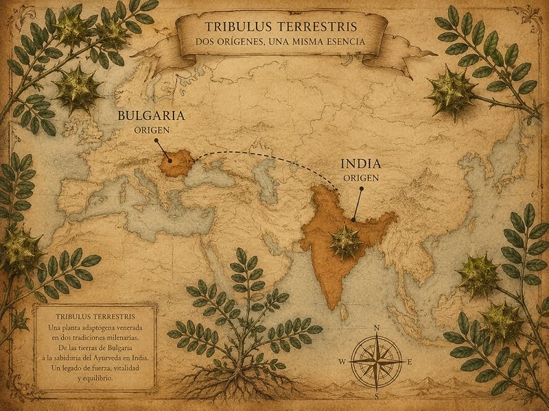 Mapa antiguo que muestra los dos orígenes tradicionales del tribulus: Bulgaria e India
