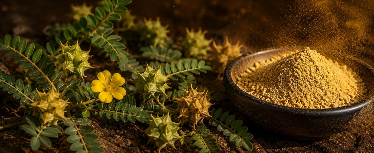 Planta de Tribulus terrestris con su fruto en forma de estrella sobre terreno rocoso