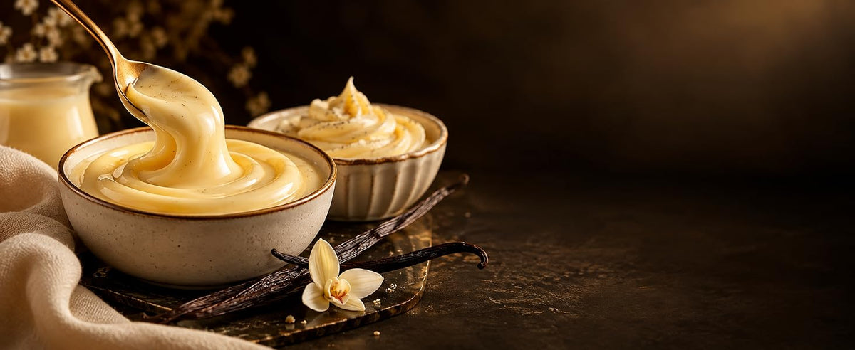 Crema pastelera, natillas, flan y arroz con leche con vainilla en polvo