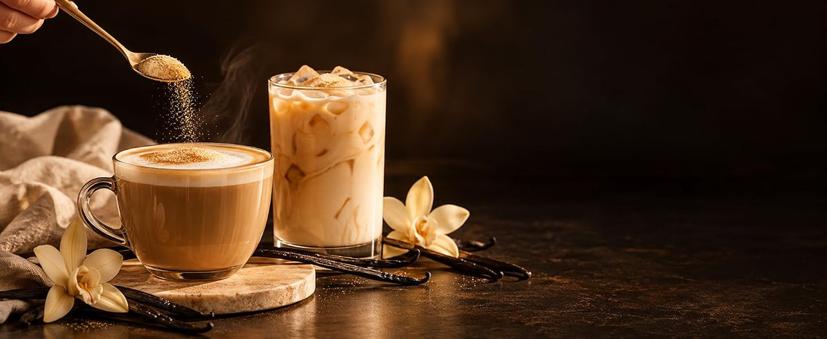 Latte de vainilla en casa con una pizca de vainilla en polvo en el café