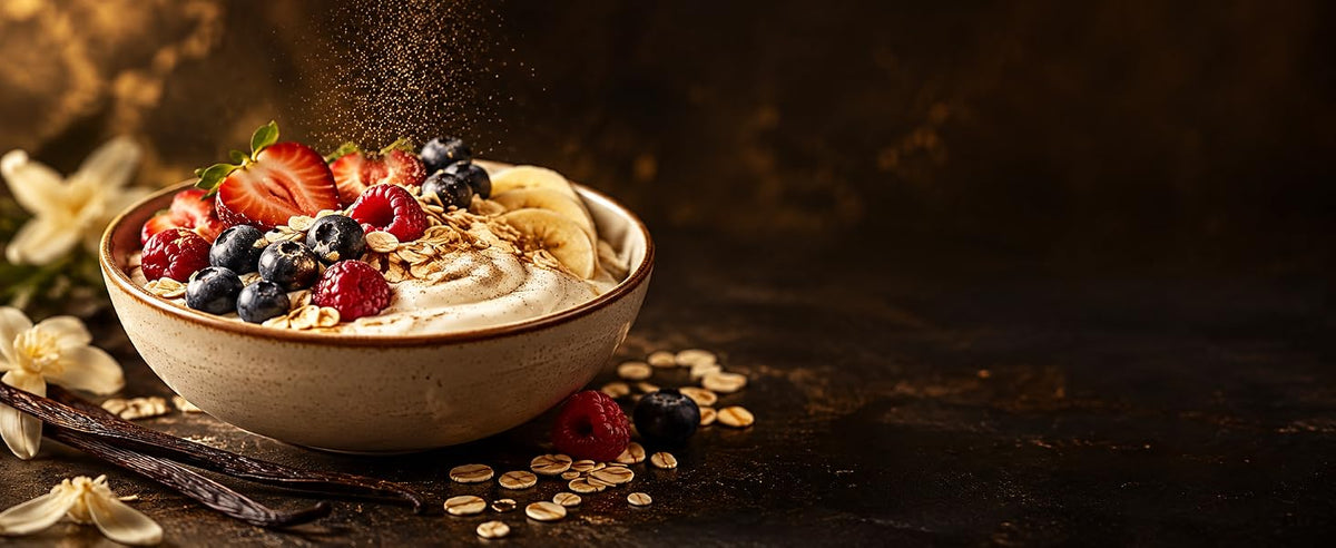 Yogur natural, porridge y bowls con vainilla en polvo, aroma dulce sin azúcar añadido