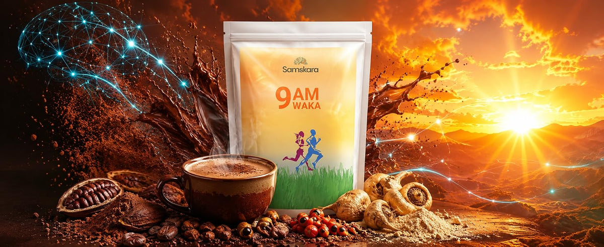 Bolsa de Waka 9AM Samskara con taza de latte de cacao, granos de cacao, raíz de maca y guaraná al amanecer