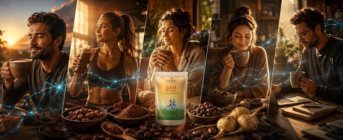 Cinco personas disfrutando de una taza de Waka 9AM por la mañana junto a bolsa Samskara, maca y cacao