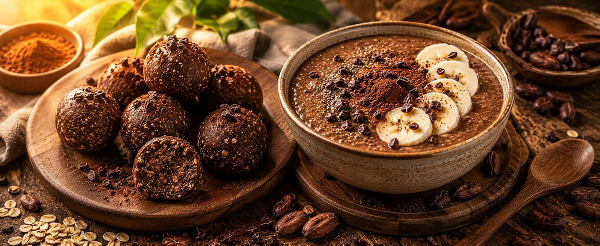 Energy balls de cacao y bol de porridge chocolatoso con plátano, cacao y avena sobre tabla de madera