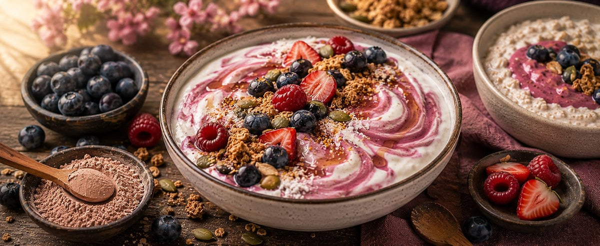 Bol de yogur con remolino rosa de superfrutos, frutos rojos y granola junto a bol de overnight oats